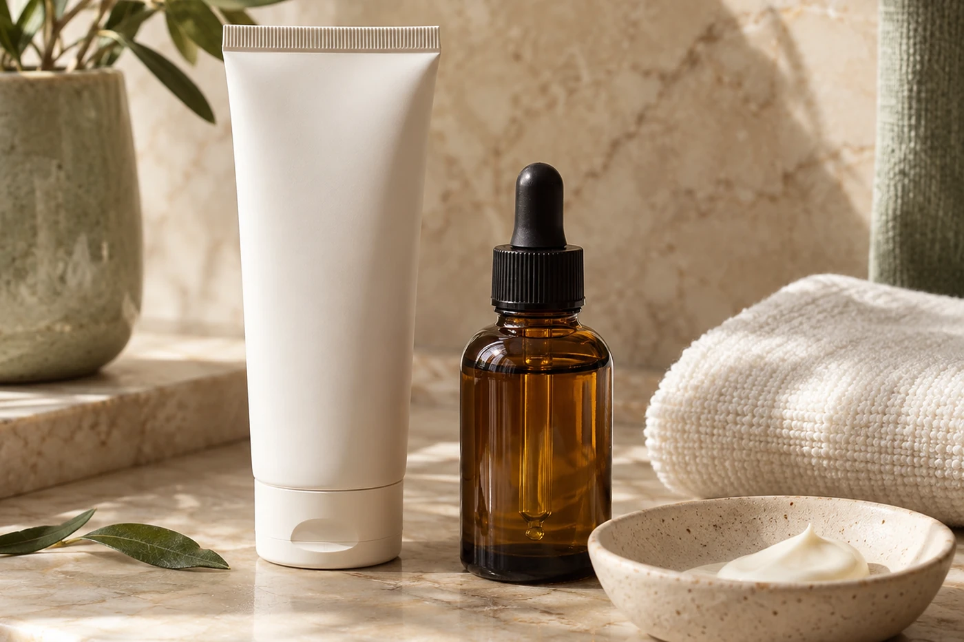 Realistic premium skincare photo with unlabelled serum, moisturizer and sunscreen for a gentle tranexamic acid dark-spot routine after 40